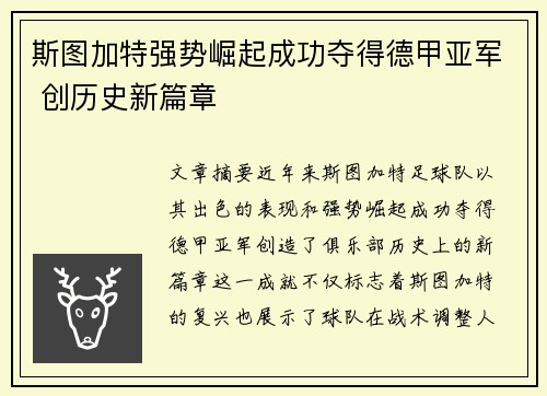 斯图加特强势崛起成功夺得德甲亚军 创历史新篇章