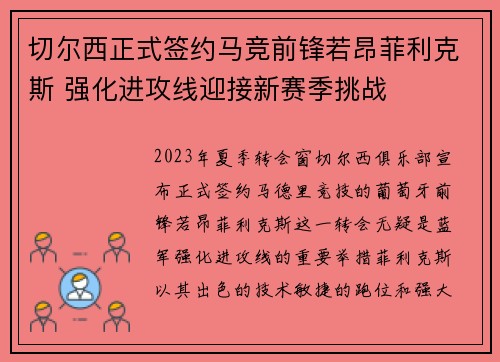 切尔西正式签约马竞前锋若昂菲利克斯 强化进攻线迎接新赛季挑战